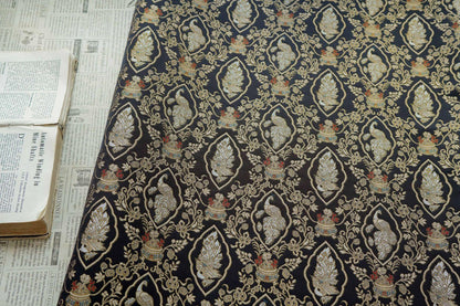 Peacock Floral Gold Thread Jacquard Fabric, Black Brocade Decorative Textile for Qipao, Bags, Cushions, Crafts and Sewing