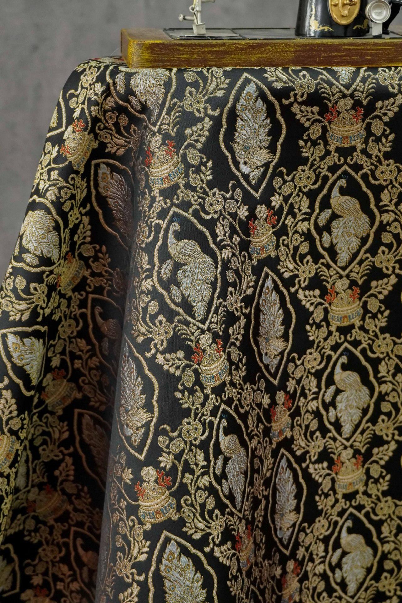 Peacock Floral Gold Thread Jacquard Fabric, Black Brocade Decorative Textile for Qipao, Bags, Cushions, Crafts and Sewing