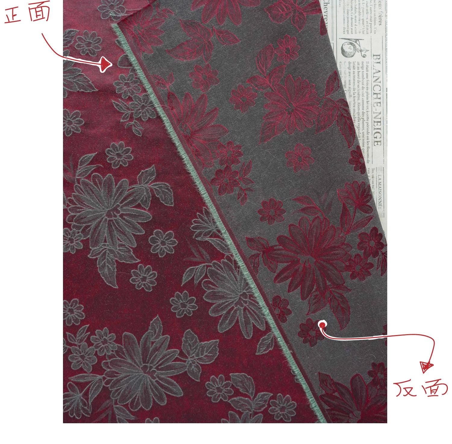 Vintage-Style Burgundy Chrysanthemum Jacquard Fabric, Dark Floral Brocade Textile for Dresses, Bags, Cushions and Home Decor