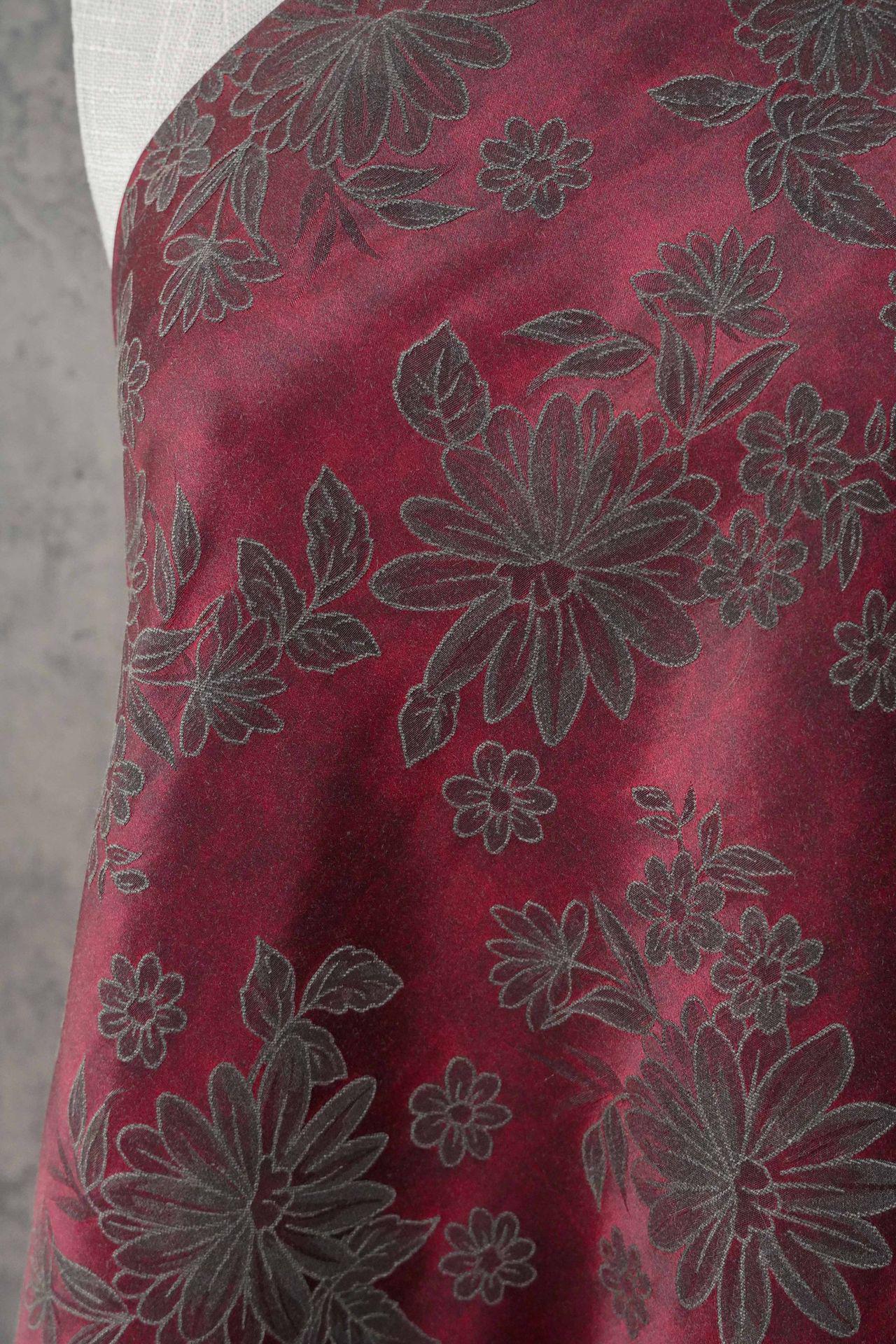 Vintage-Style Burgundy Chrysanthemum Jacquard Fabric, Dark Floral Brocade Textile for Dresses, Bags, Cushions and Home Decor