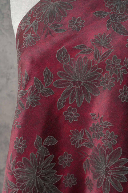 Vintage-Style Burgundy Chrysanthemum Jacquard Fabric, Dark Floral Brocade Textile for Dresses, Bags, Cushions and Home Decor