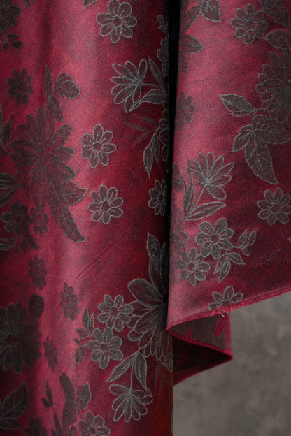 Vintage-Style Burgundy Chrysanthemum Jacquard Fabric, Dark Floral Brocade Textile for Dresses, Bags, Cushions and Home Decor