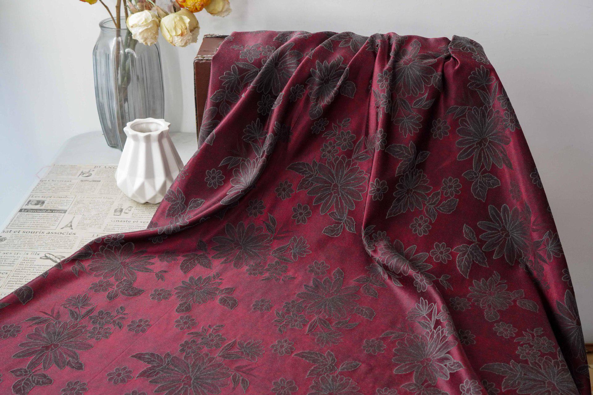 Vintage-Style Burgundy Chrysanthemum Jacquard Fabric, Dark Floral Brocade Textile for Dresses, Bags, Cushions and Home Decor