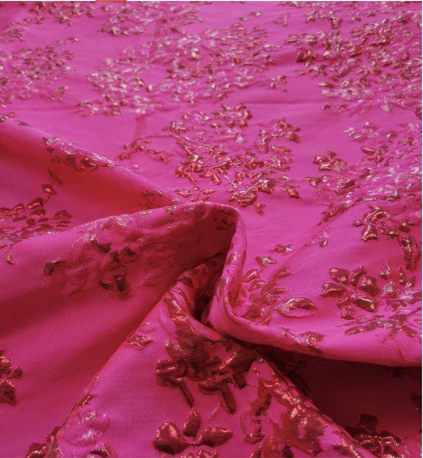 Fuchsia & Burgundy Metallic Floral Jacquard Brocade Fabric, 3D Textured Textile for Gowns, Stagewear, Full Skirts and Sewing