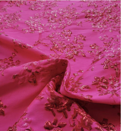 Fuchsia & Burgundy Metallic Floral Jacquard Brocade Fabric, 3D Textured Textile for Gowns, Stagewear, Full Skirts and Sewing