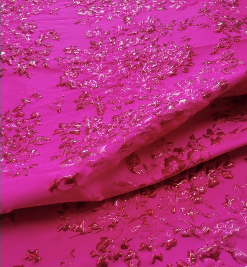 Fuchsia & Burgundy Metallic Floral Jacquard Brocade Fabric, 3D Textured Textile for Gowns, Stagewear, Full Skirts and Sewing