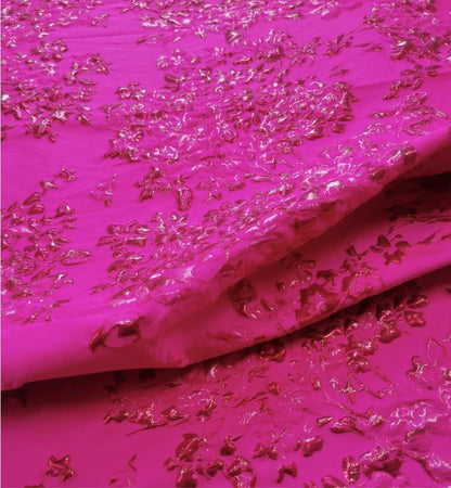 Fuchsia & Burgundy Metallic Floral Jacquard Brocade Fabric, 3D Textured Textile for Gowns, Stagewear, Full Skirts and Sewing