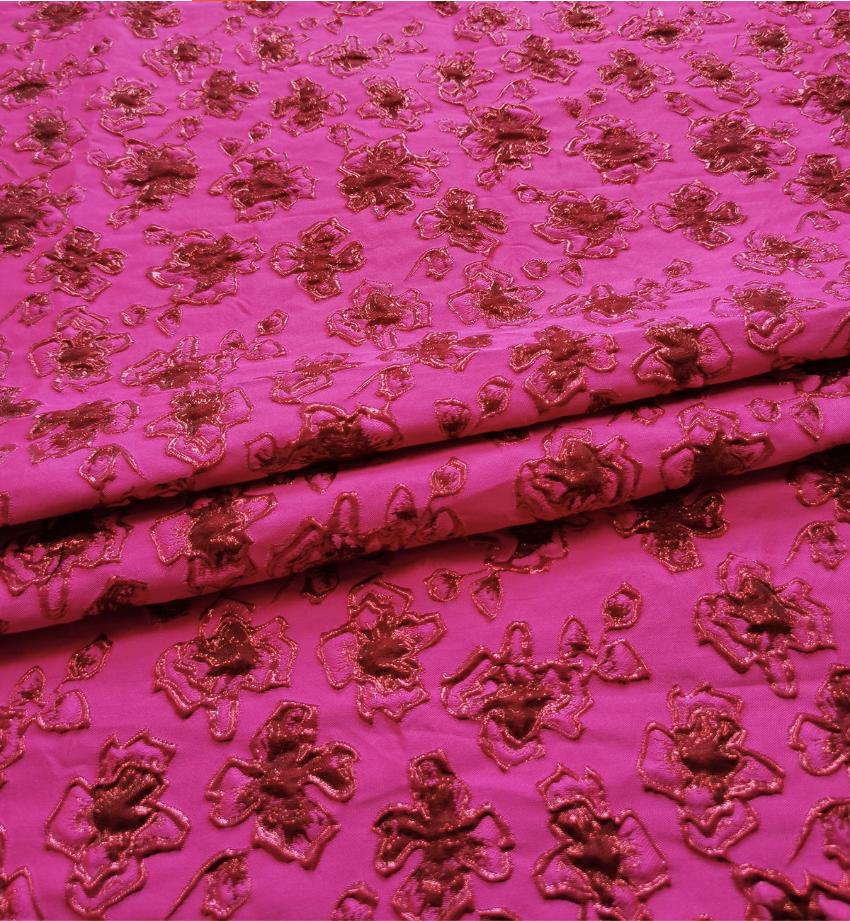 Fuchsia & Burgundy Metallic Floral Jacquard Brocade Fabric, 3D Textured Textile for Gowns, Stagewear, Full Skirts and Sewing