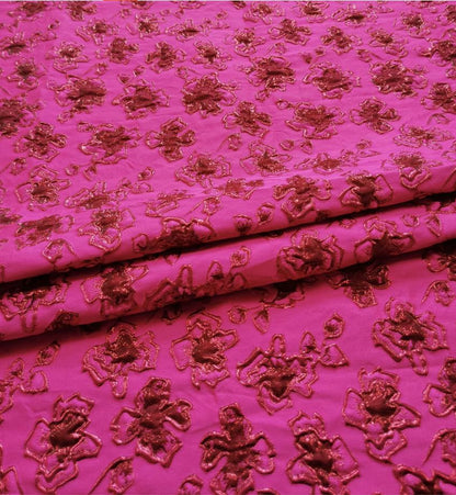 Fuchsia & Burgundy Metallic Floral Jacquard Brocade Fabric, 3D Textured Textile for Gowns, Stagewear, Full Skirts and Sewing