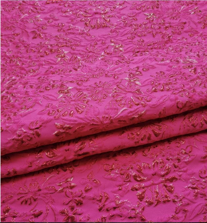 Fuchsia & Burgundy Metallic Floral Jacquard Brocade Fabric, 3D Textured Textile for Gowns, Stagewear, Full Skirts and Sewing