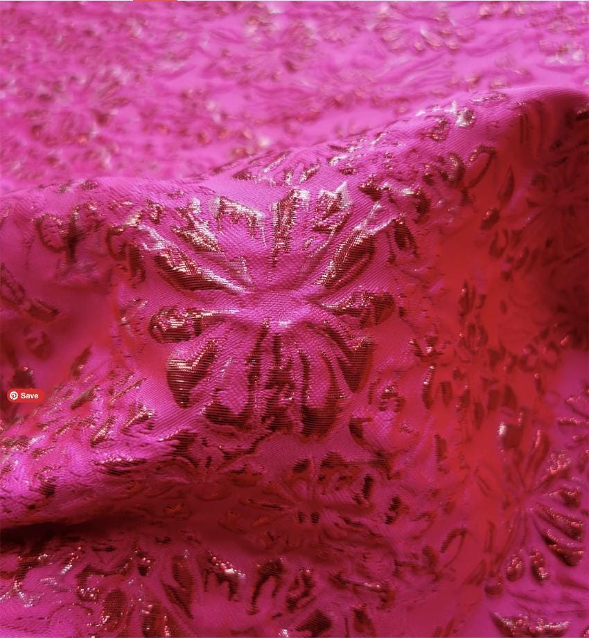 Fuchsia & Burgundy Metallic Floral Jacquard Brocade Fabric, 3D Textured Textile for Gowns, Stagewear, Full Skirts and Sewing