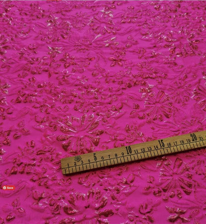 Fuchsia & Burgundy Metallic Floral Jacquard Brocade Fabric, 3D Textured Textile for Gowns, Stagewear, Full Skirts and Sewing
