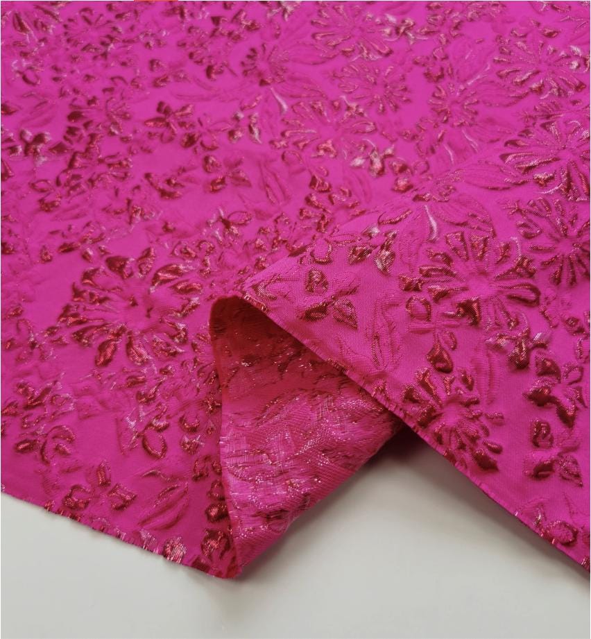 Fuchsia & Burgundy Metallic Floral Jacquard Brocade Fabric, 3D Textured Textile for Gowns, Stagewear, Full Skirts and Sewing