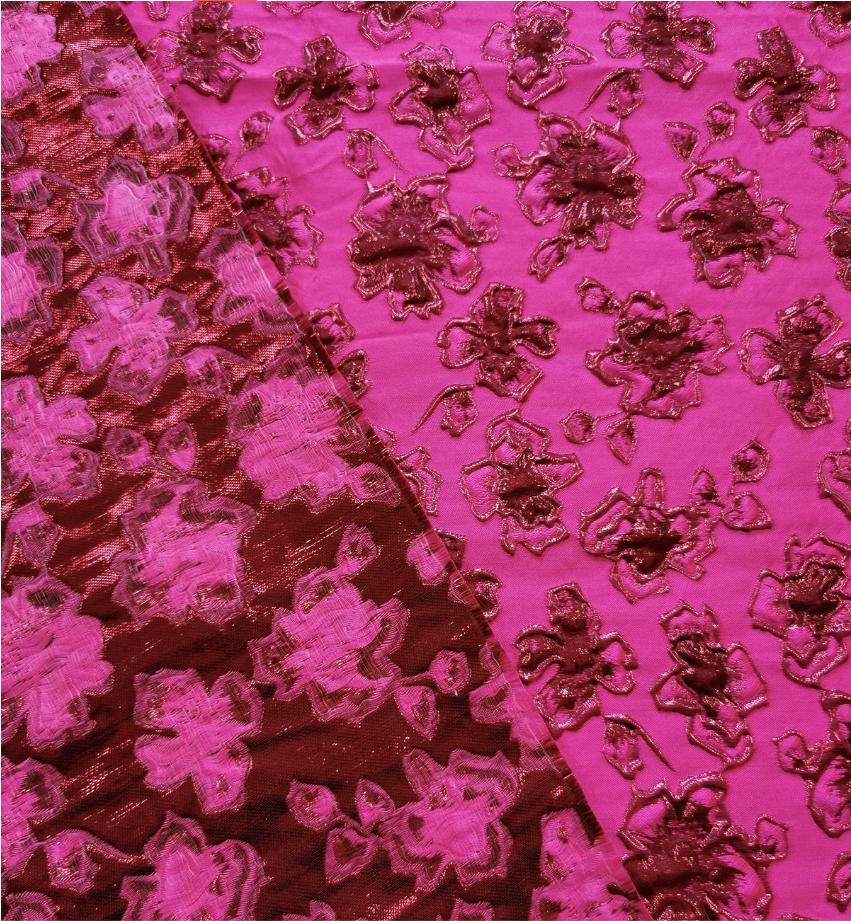 Fuchsia & Burgundy Metallic Floral Jacquard Brocade Fabric, 3D Textured Textile for Gowns, Stagewear, Full Skirts and Sewing