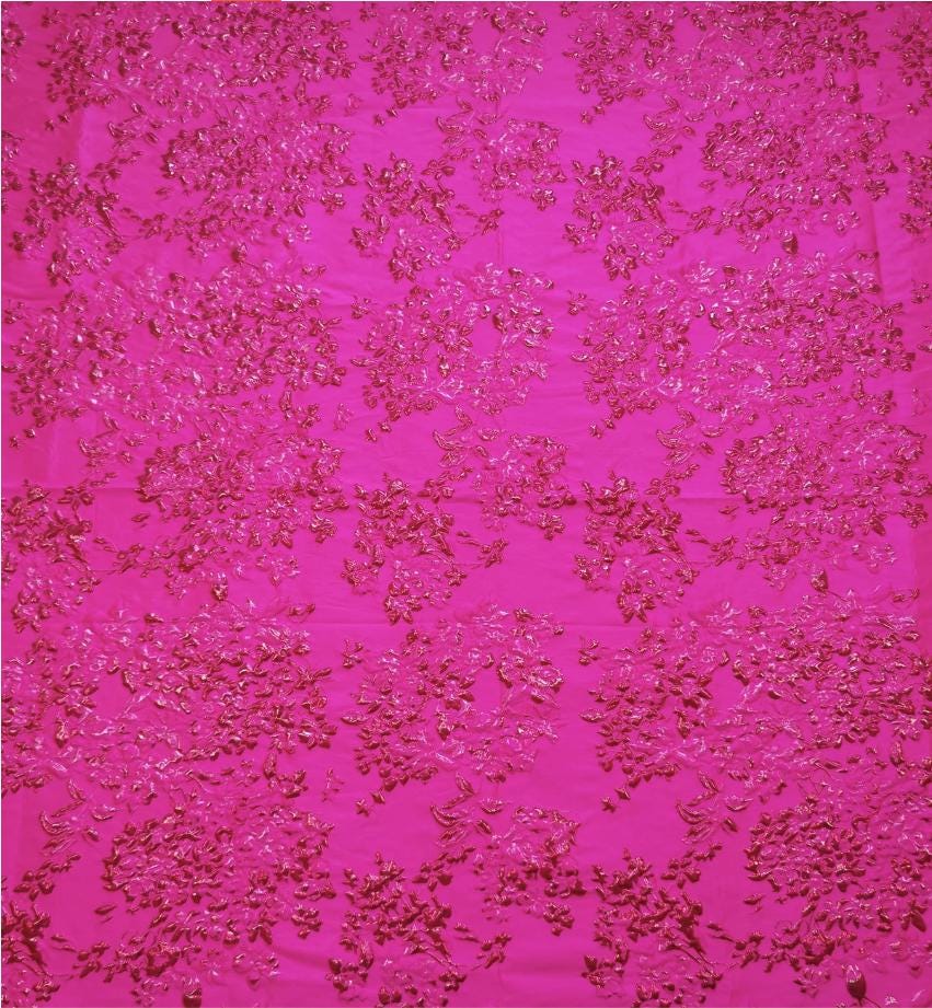 Fuchsia & Burgundy Metallic Floral Jacquard Brocade Fabric, 3D Textured Textile for Gowns, Stagewear, Full Skirts and Sewing