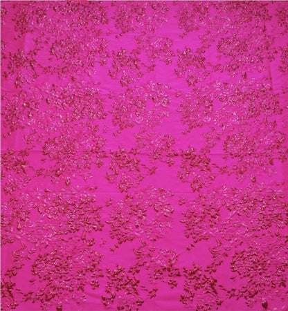 Fuchsia & Burgundy Metallic Floral Jacquard Brocade Fabric, 3D Textured Textile for Gowns, Stagewear, Full Skirts and Sewing