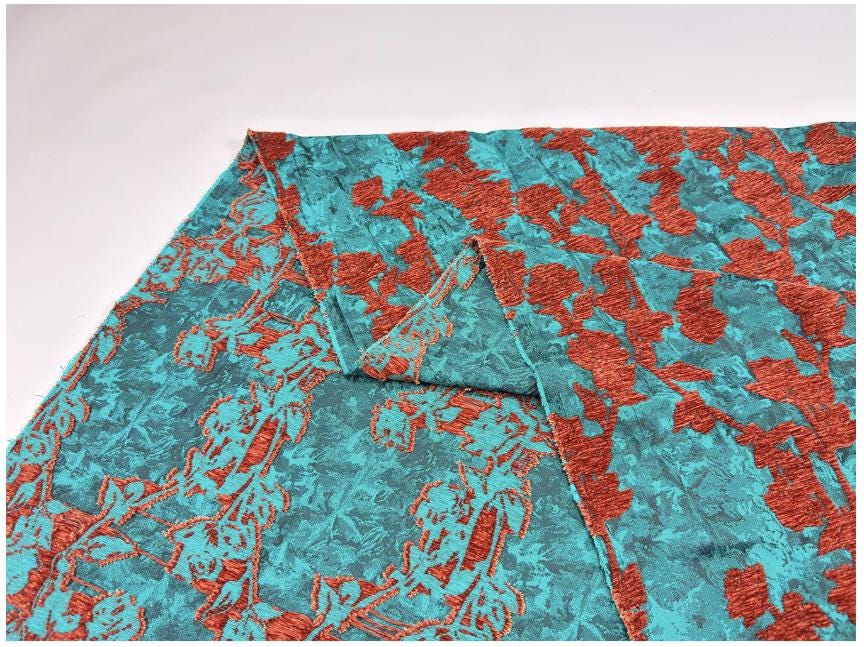 Teal & Rust Rayon Chenille Jacquard Fabric, 3D Flocked Floral Textile for Dresses, Vests, Jackets and Sewing, 56"Wide