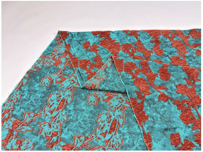 Teal & Rust Rayon Chenille Jacquard Fabric, 3D Flocked Floral Textile for Dresses, Vests, Jackets and Sewing, 56"Wide