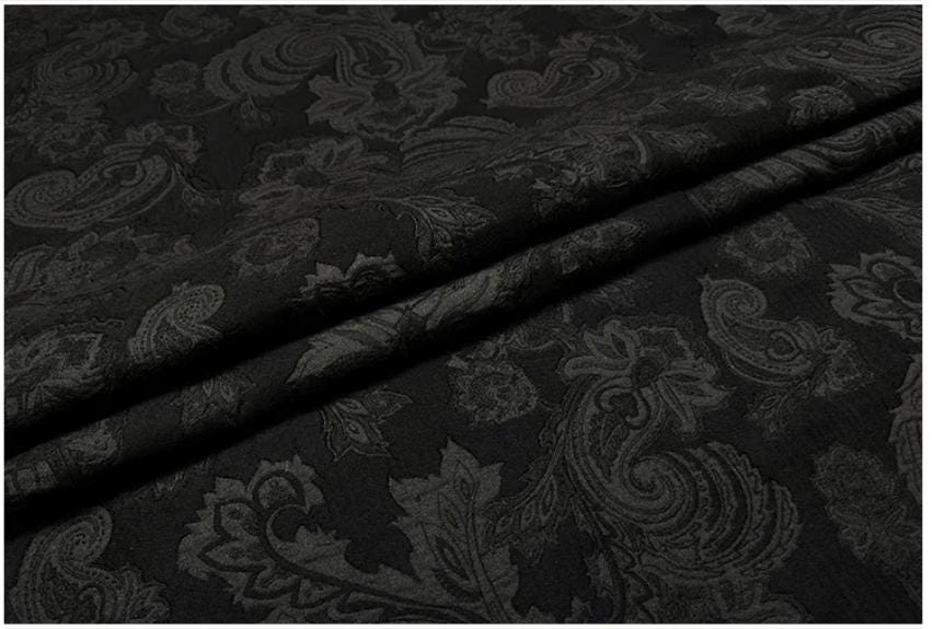Black Paisley Jacquard Fabric, Tone-on-Tone Textured Suiting Textile for Dresses, Trench Coats, Jackets, Pants and Sewing