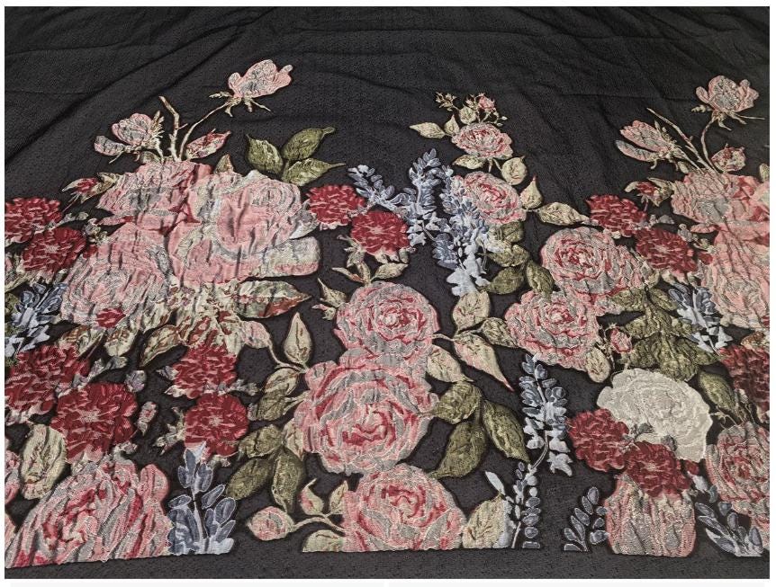 Black Sheer Floral Chiffon Jacquard Fabric, 3D Cut Flower Border Panel, 1.5m Placement for Dresses, Gowns and Sewing