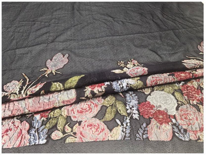 Black Sheer Floral Chiffon Jacquard Fabric, 3D Cut Flower Border Panel, 1.5m Placement for Dresses, Gowns and Sewing
