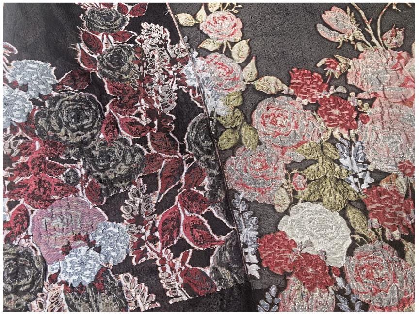 Black Sheer Floral Chiffon Jacquard Fabric, 3D Cut Flower Border Panel, 1.5m Placement for Dresses, Gowns and Sewing