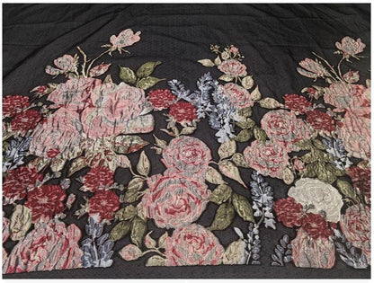 Black Sheer Floral Chiffon Jacquard Fabric, 3D Cut Flower Border Panel, 1.5m Placement for Dresses, Gowns and Sewing