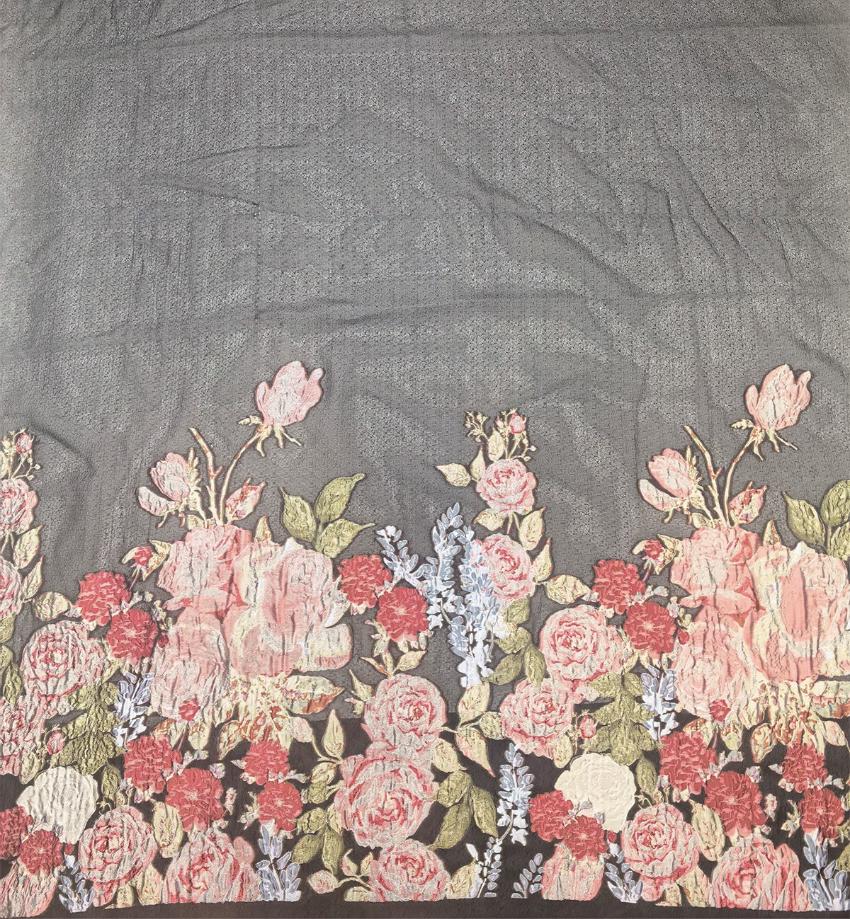 Black Sheer Floral Chiffon Jacquard Fabric, 3D Cut Flower Border Panel, 1.5m Placement for Dresses, Gowns and Sewing