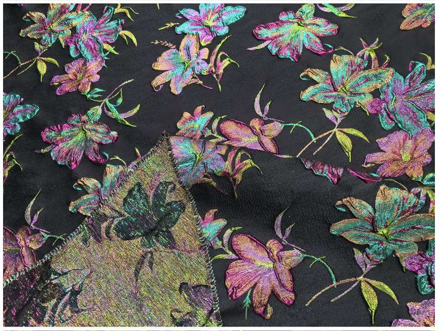 Black Multicolor Lily Jacquard Brocade Fabric, 3D Metallic Floral Textile for Gowns, Puff Sleeves, Dresses and Sewing