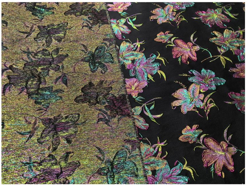 Black Multicolor Lily Jacquard Brocade Fabric, 3D Metallic Floral Textile for Gowns, Puff Sleeves, Dresses and Sewing