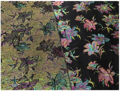 Black Multicolor Lily Jacquard Brocade Fabric, 3D Metallic Floral Textile for Gowns, Puff Sleeves, Dresses and Sewing