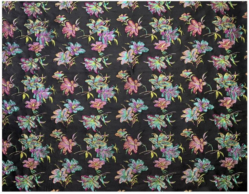 Black Multicolor Lily Jacquard Brocade Fabric, 3D Metallic Floral Textile for Gowns, Puff Sleeves, Dresses and Sewing