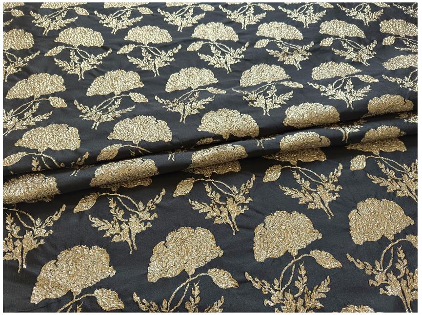 Black Gold Floral Jacquard Brocade Fabric, 3D Metallic Textured Textile for Evening Gowns, Jackets, Dresses and Sewing