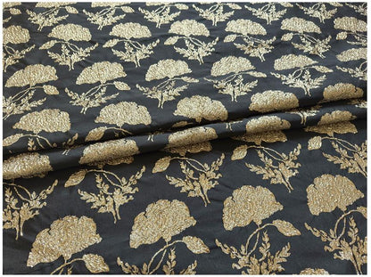 Black Gold Floral Jacquard Brocade Fabric, 3D Metallic Textured Textile for Evening Gowns, Jackets, Dresses and Sewing
