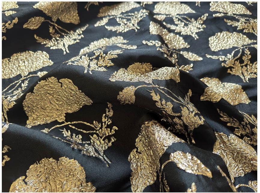 Black Gold Floral Jacquard Brocade Fabric, 3D Metallic Textured Textile for Evening Gowns, Jackets, Dresses and Sewing