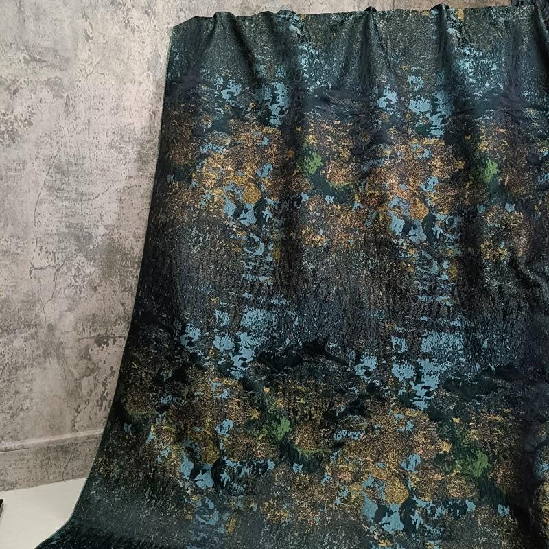 Retro Style Blue Green Metallic Jacquard Fabric, Moss Texture, 81 Polyester 19 Metallic Fiber for Dresses, Jackets and Sewing