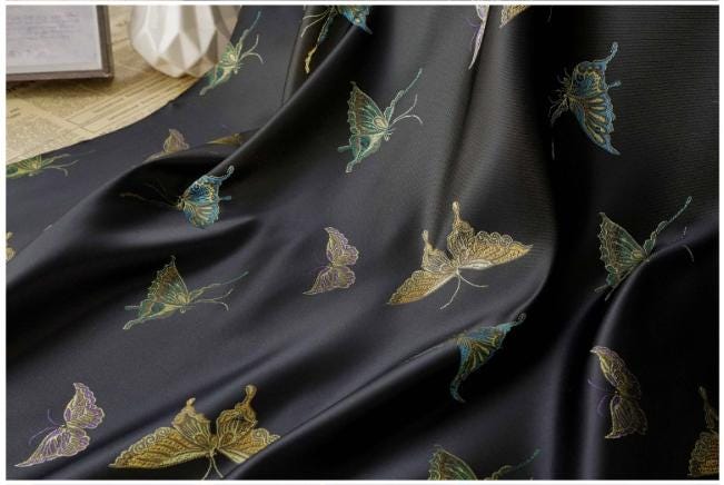 Butterfly Brocade Satin Fabric, Textured Jacquard Textile, Three Color Woven Fabric for Dressmaking, Bags, Decor and Sewing - 59"W