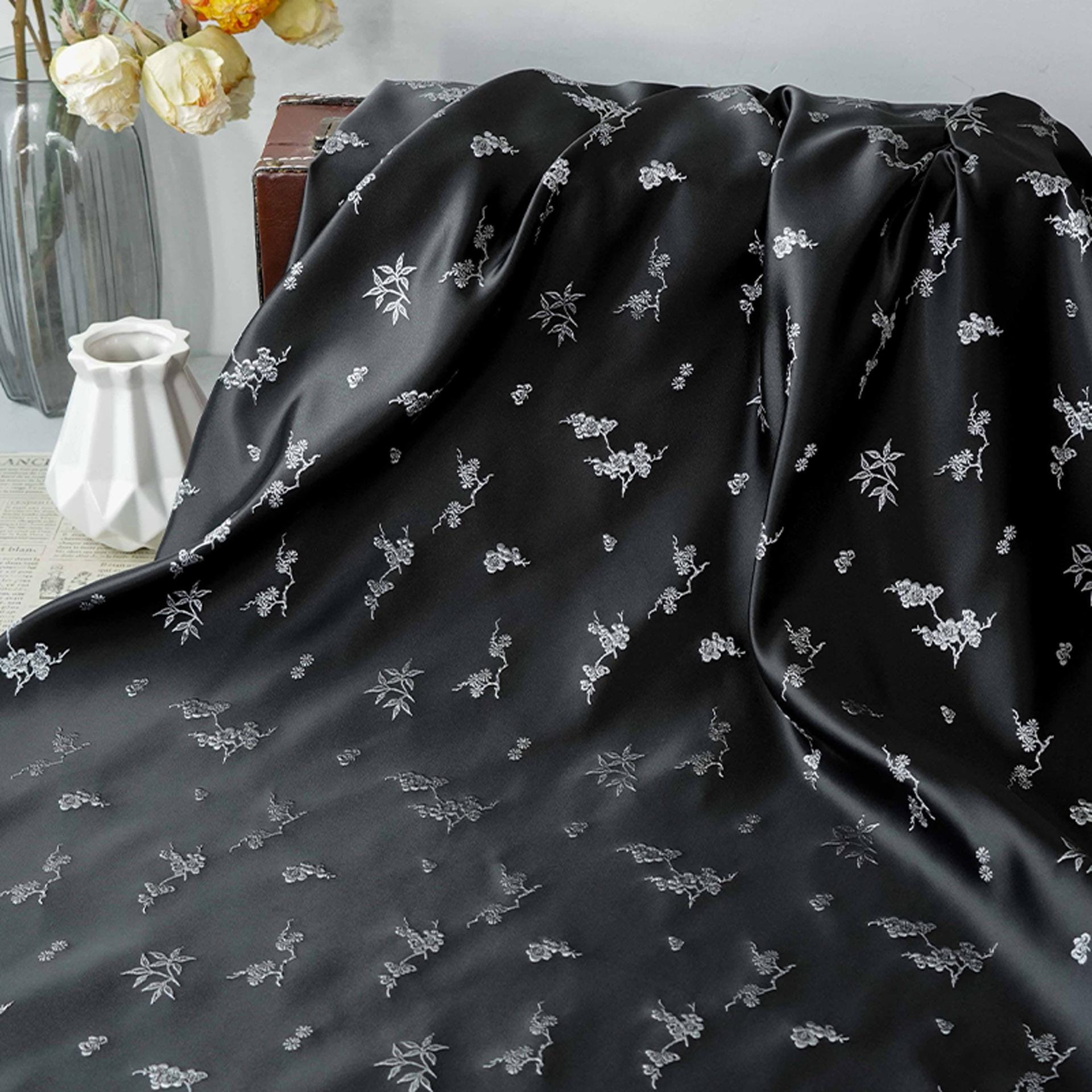Plum Blossom Bamboo Satin Jacquard Fabric, Lustrous Woven Textile, Multiple Colors for Dressmaking, Qipao, Bags and Home Decor, 65"W