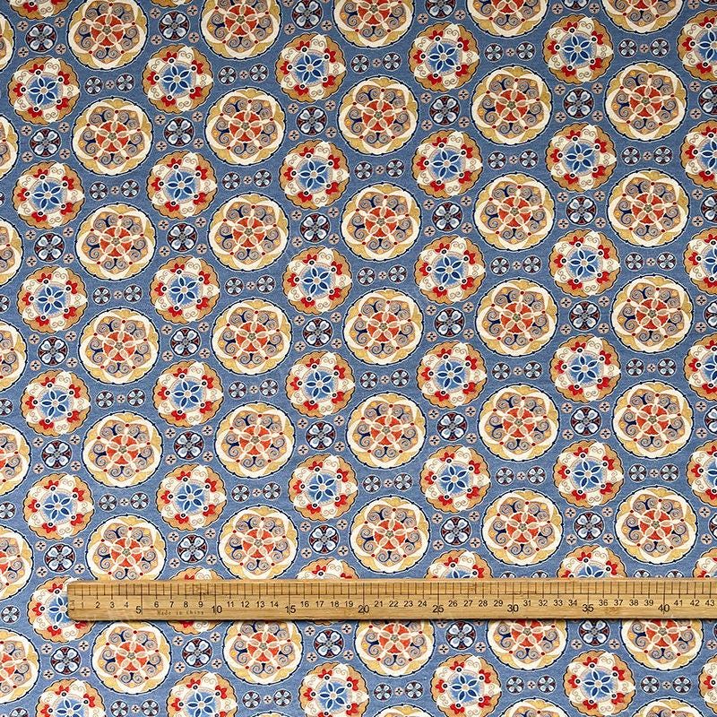 Blue Ornamental Medallion Print Cotton Fabric, Baoxiang Floral Textile for Dresses, Quilting, Bags, Crafts and Sewing (59 inch)