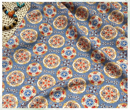 Blue Ornamental Medallion Print Cotton Fabric, Baoxiang Floral Textile for Dresses, Quilting, Bags, Crafts and Sewing (59 inch)