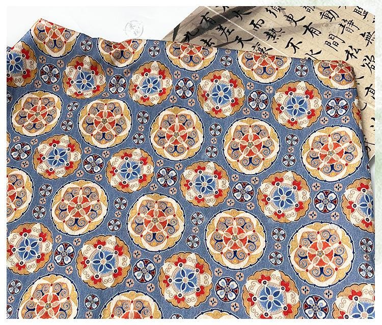 Blue Ornamental Medallion Print Cotton Fabric, Baoxiang Floral Textile for Dresses, Quilting, Bags, Crafts and Sewing (59 inch)