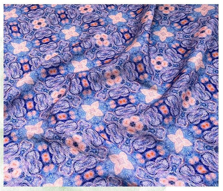 Blue Pink Geometric Floral Print Cotton Fabric, Ornamental Botanical Textile for Dresses, Quilting, Bags, Crafts and Sewing (59 inch)