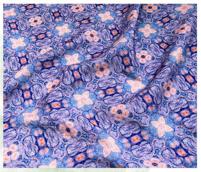 Blue Pink Geometric Floral Print Cotton Fabric, Ornamental Botanical Textile for Dresses, Quilting, Bags, Crafts and Sewing (59 inch)