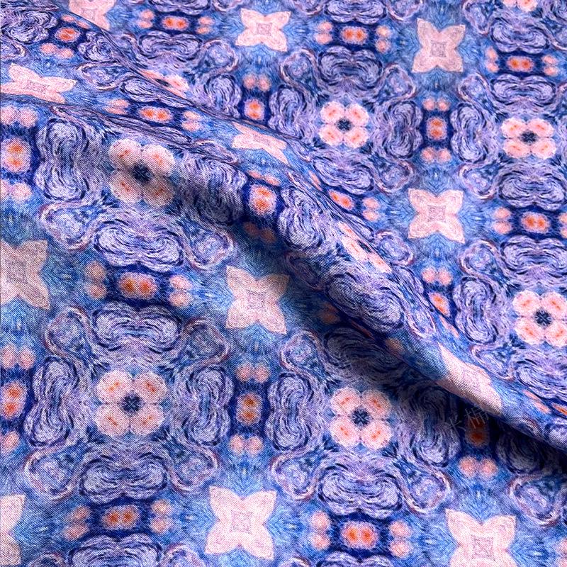 Blue Pink Geometric Floral Print Cotton Fabric, Ornamental Botanical Textile for Dresses, Quilting, Bags, Crafts and Sewing (59 inch)