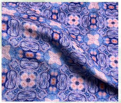 Blue Pink Geometric Floral Print Cotton Fabric, Ornamental Botanical Textile for Dresses, Quilting, Bags, Crafts and Sewing (59 inch)