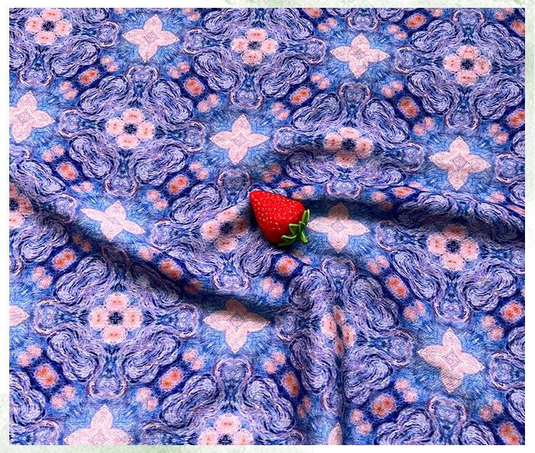 Blue Pink Geometric Floral Print Cotton Fabric, Ornamental Botanical Textile for Dresses, Quilting, Bags, Crafts and Sewing (59 inch)