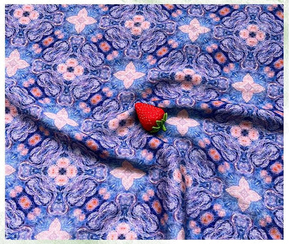 Blue Pink Geometric Floral Print Cotton Fabric, Ornamental Botanical Textile for Dresses, Quilting, Bags, Crafts and Sewing (59 inch)