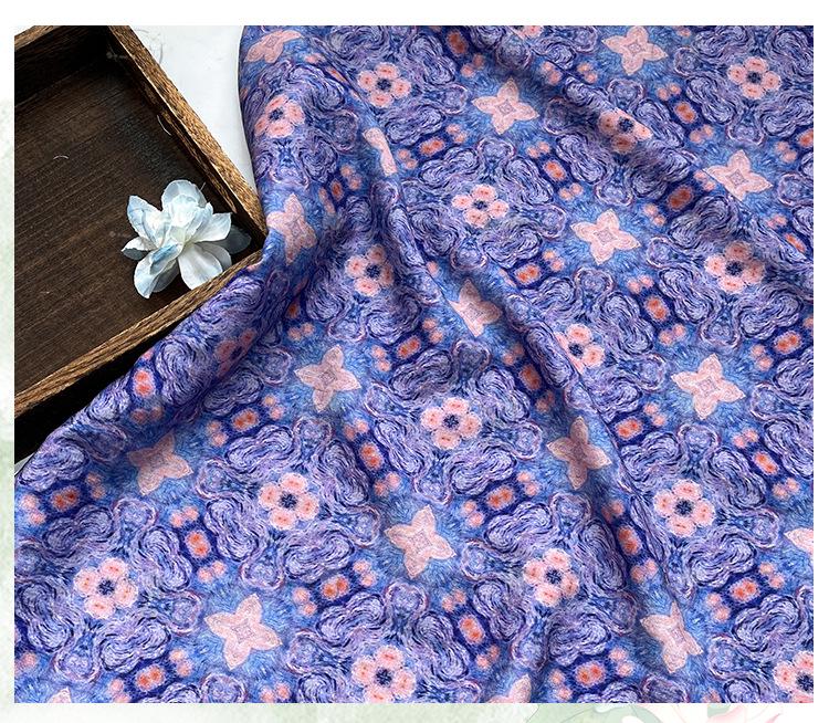 Blue Pink Geometric Floral Print Cotton Fabric, Ornamental Botanical Textile for Dresses, Quilting, Bags, Crafts and Sewing (59 inch)