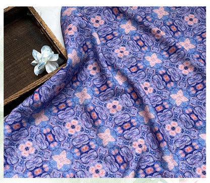 Blue Pink Geometric Floral Print Cotton Fabric, Ornamental Botanical Textile for Dresses, Quilting, Bags, Crafts and Sewing (59 inch)