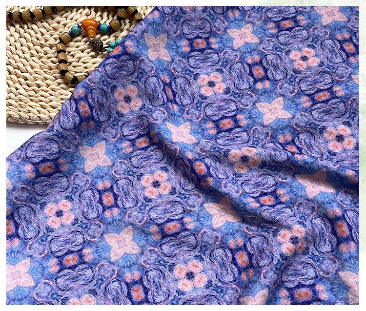 Blue Pink Geometric Floral Print Cotton Fabric, Ornamental Botanical Textile for Dresses, Quilting, Bags, Crafts and Sewing (59 inch)